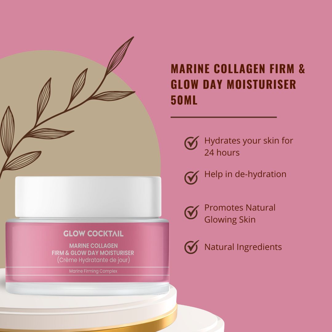 Roze crème pot met tekst en iconen. Opschrift: Glow Cocktail, Marine Collagen, Firm & Glow Day Moisturiser, 50ml.