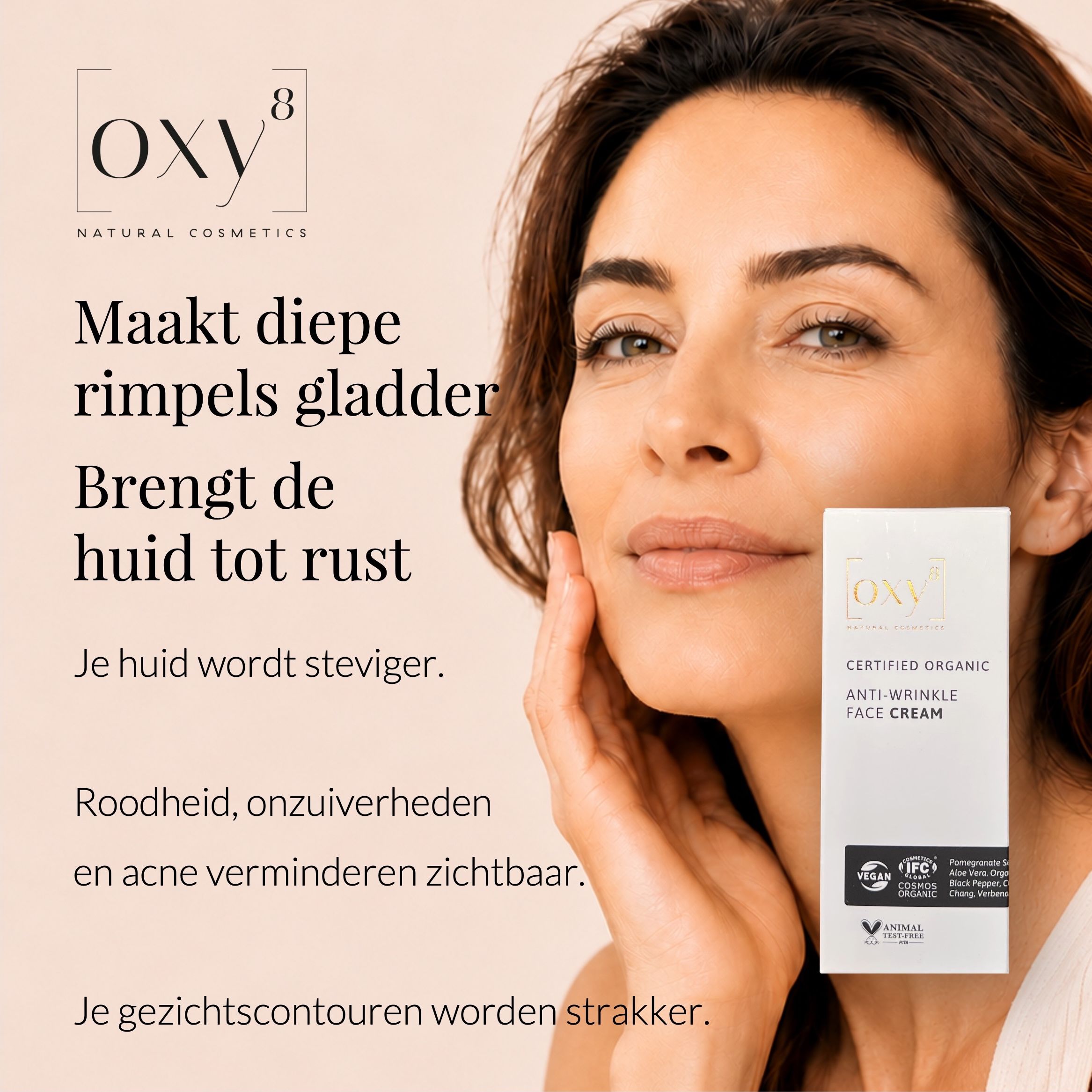 Vrouw raakt gezicht aan. Tekst: Worden je rimpels dieper? Vragen over huidproblemen.