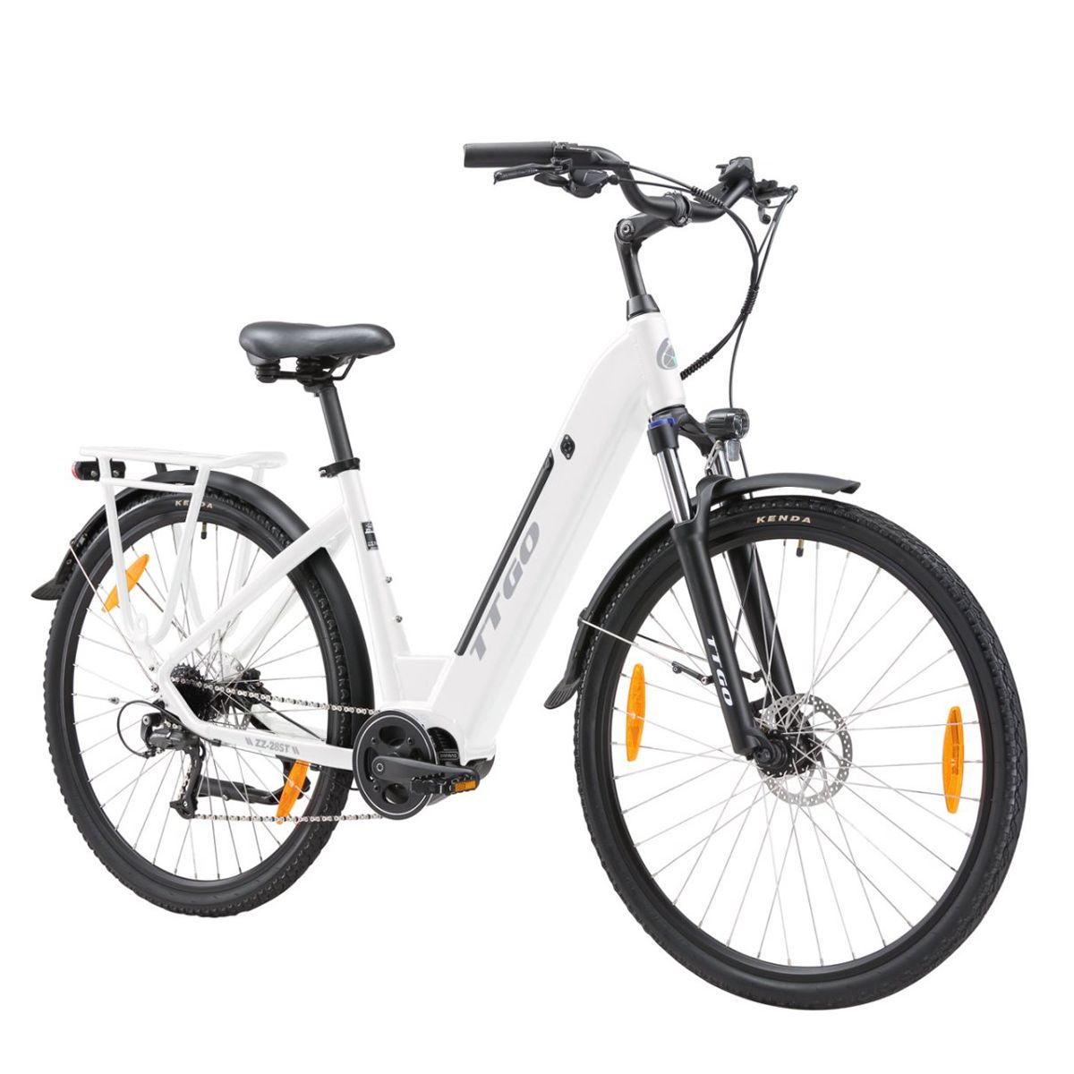 Vélo électrique blanc avec pneus noirs et porte-bagages. Logo TTGO sur le cadre.