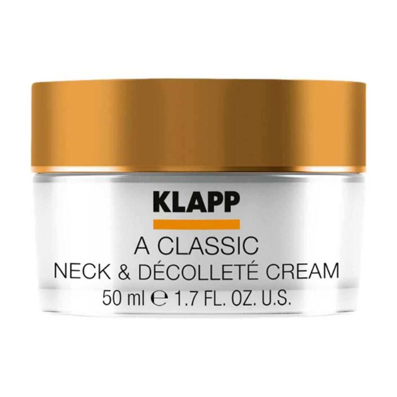 Crèmepot met gouden deksel. Opschrift: KLAPP, A Classic, Neck & Décolleté Cream. Volume: 50 ml.