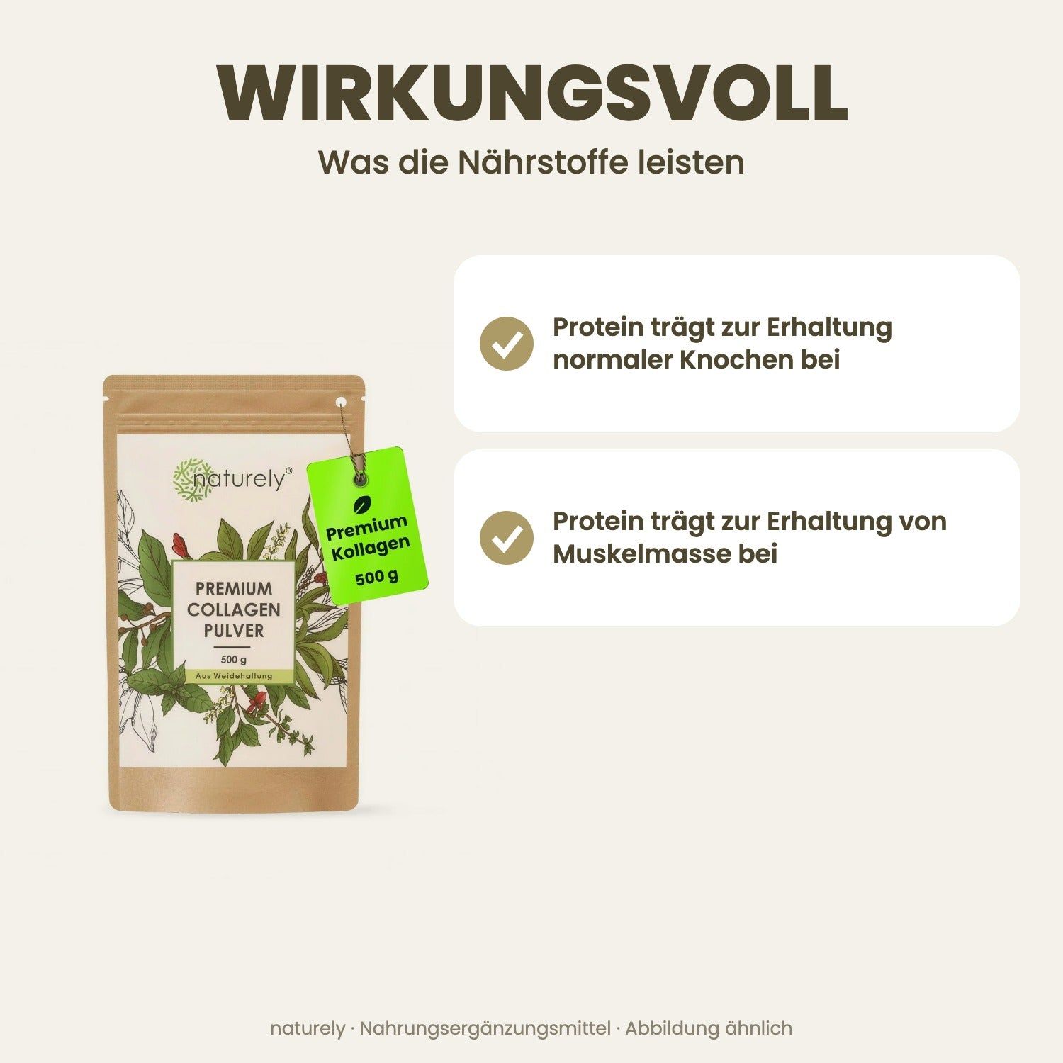 Sachet 'Premium Collagen Pulver' 500g de Naturely, avec infographies sur les avantages comme le maintien des os et des muscles.