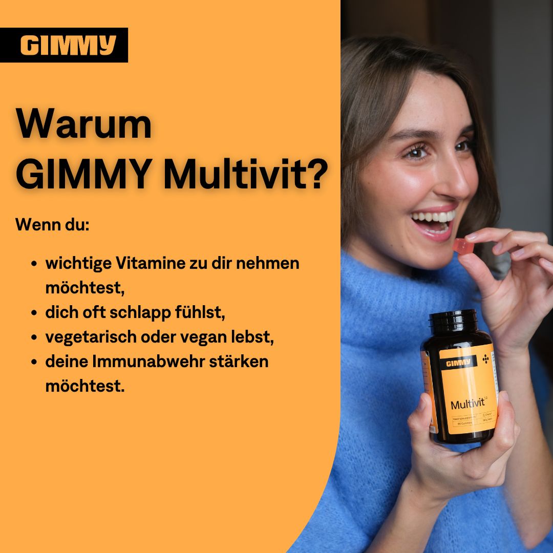 Vrouw houdt een fles GIMMY Multivit vast. Tekst: Waarom GIMMY Multivit? Als je: belangrijke vitamines wilt nemen, je vaak moe voelt.