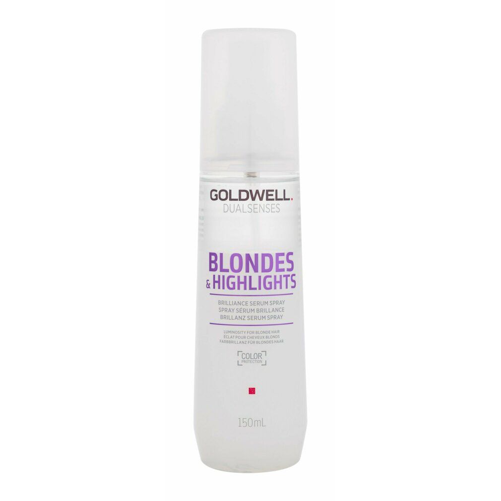 Goldwell Dualsenses Blondes & Highlights Serum Spray. Flacon blanc avec vaporisateur. Nom du produit et logo visibles.