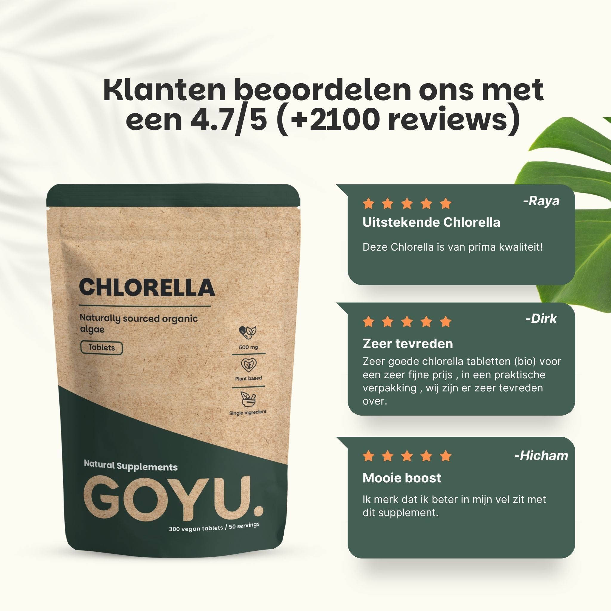Drie groene Chlorella tabletten, 100% natuurlijk, vegan capsule, biologisch, geen vulstoffen.