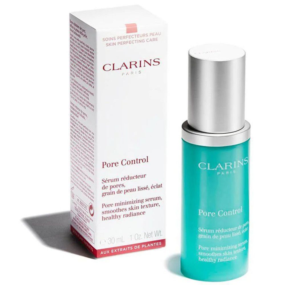 Flacon et emballage. Flacon: turquoise, pompe argentée. Emballage: blanc, texte: Clarins, Pore Control, Serum réducteur de pores.
