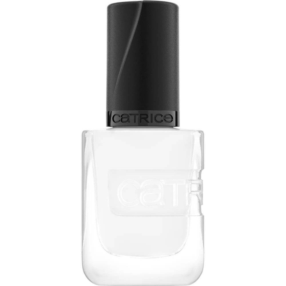 Flacon de vernis à ongles avec contenu blanc. Bouchon noir avec logo Catrice. Forme carrée.