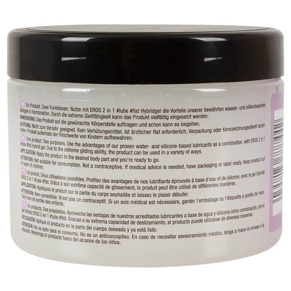 Dos du récipient. Texte avec mode d'emploi et avertissements. EROS, #lube, fist #, 2in1.