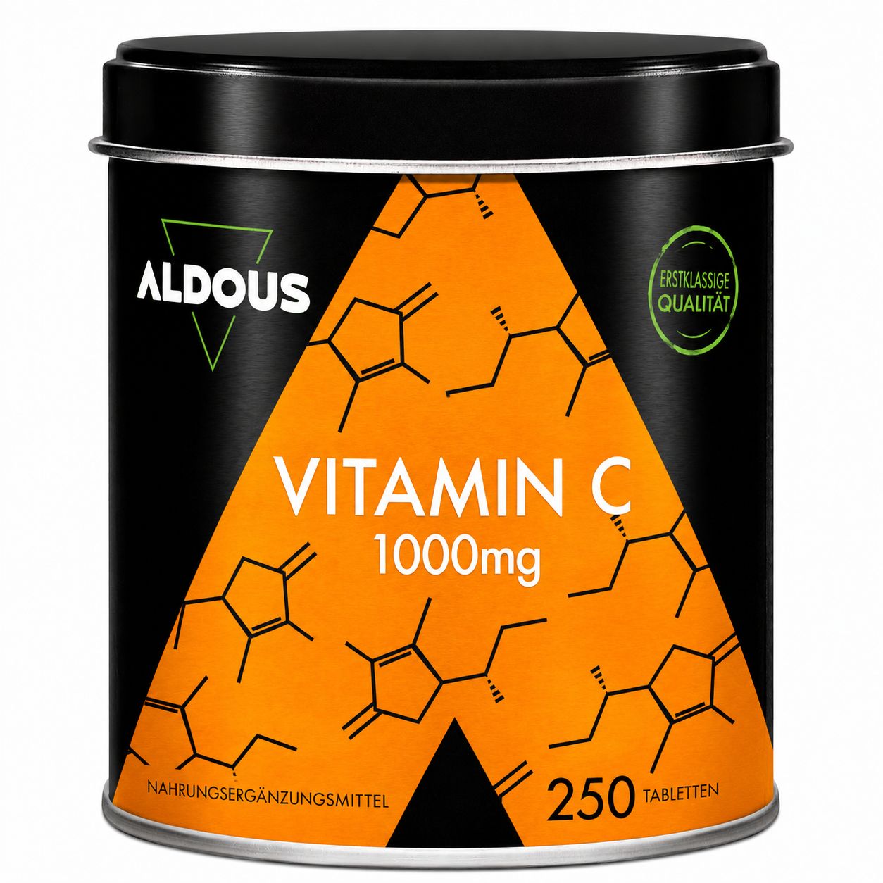 Boîte de Aldous Vitamine C 1000mg contenant 250 comprimés. Boîte noire avec étiquette orange et noire et formules chimiques.