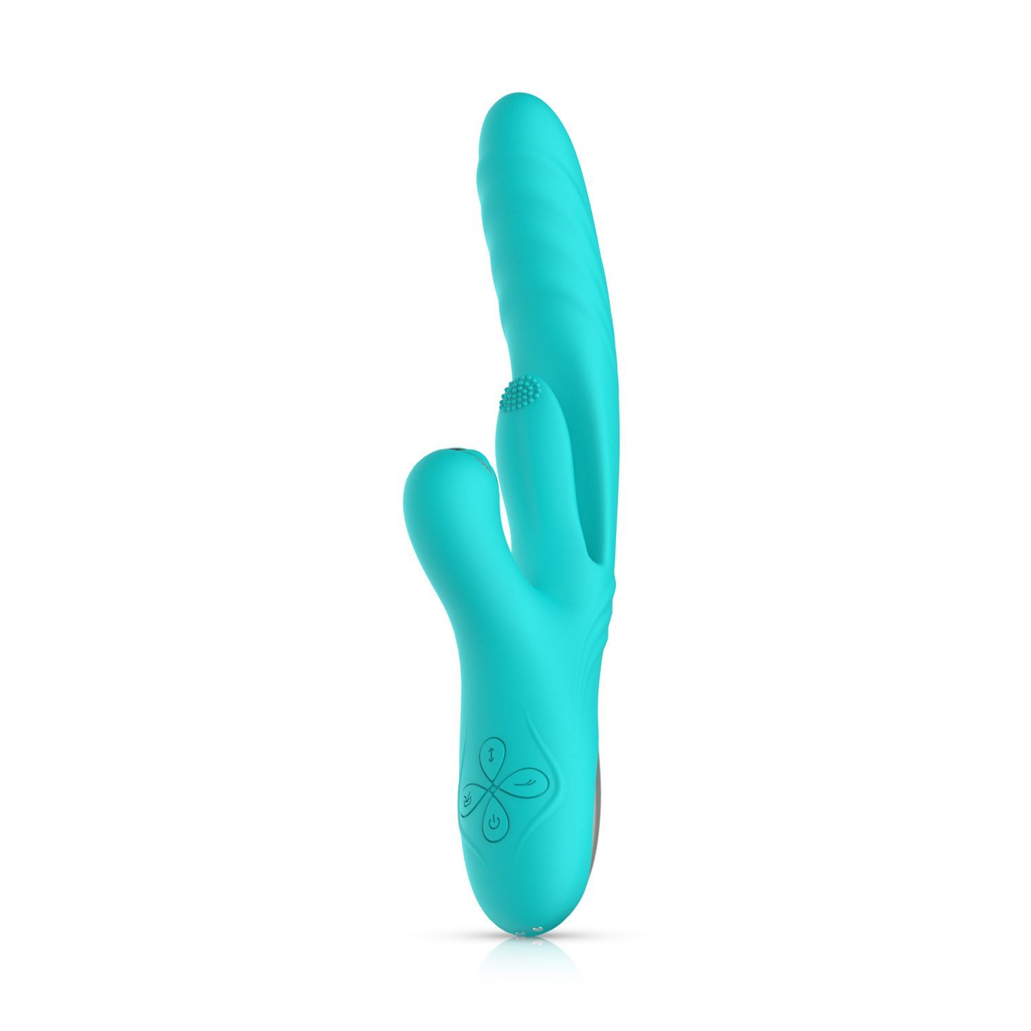 Vibrateur turquoise à trois branches. Design avec lignes courbes et motif floral. Sur fond blanc.