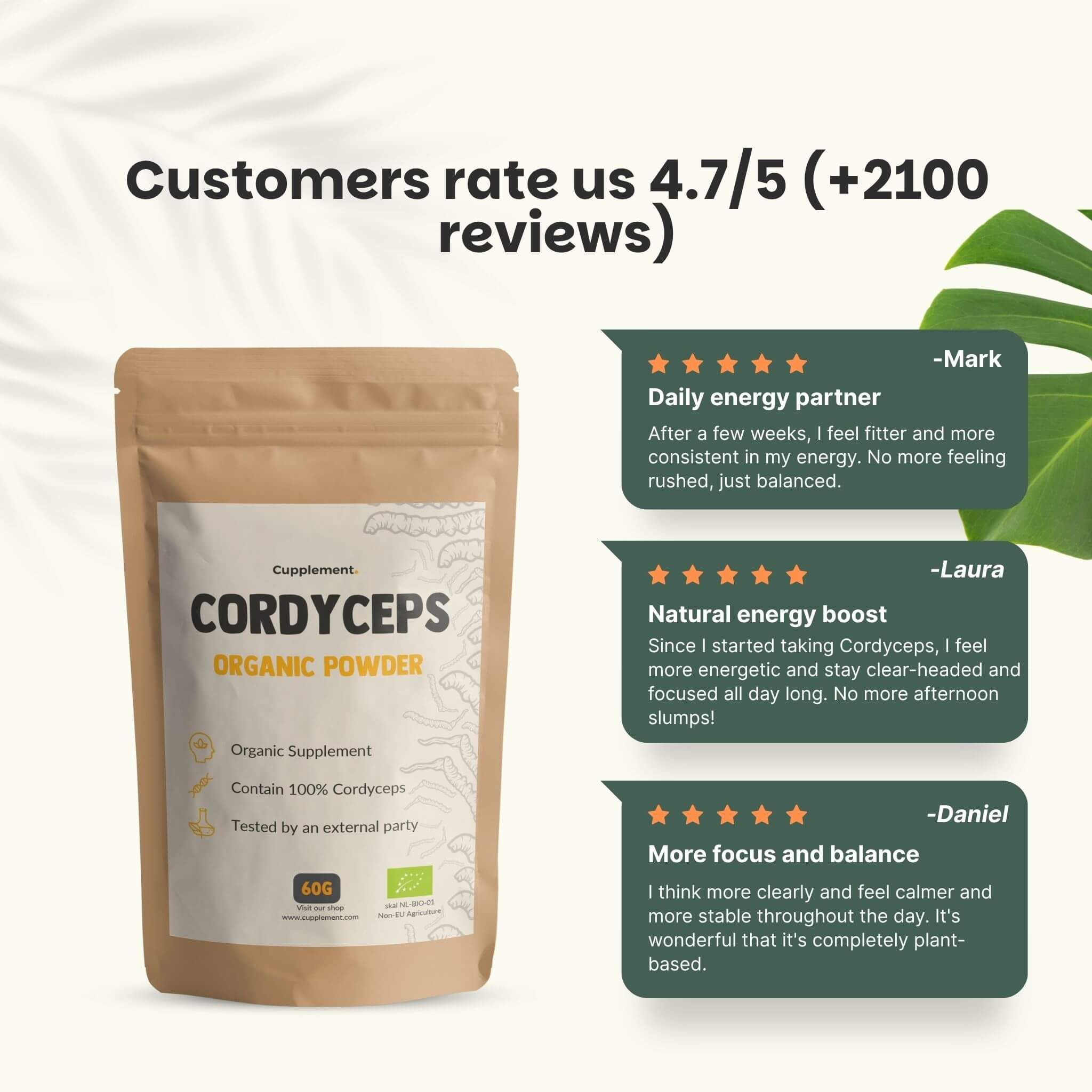 Sachet de poudre de Cordyceps. Texte : Les clients nous évaluent à 4,7/5. Citations de clients. Vert.