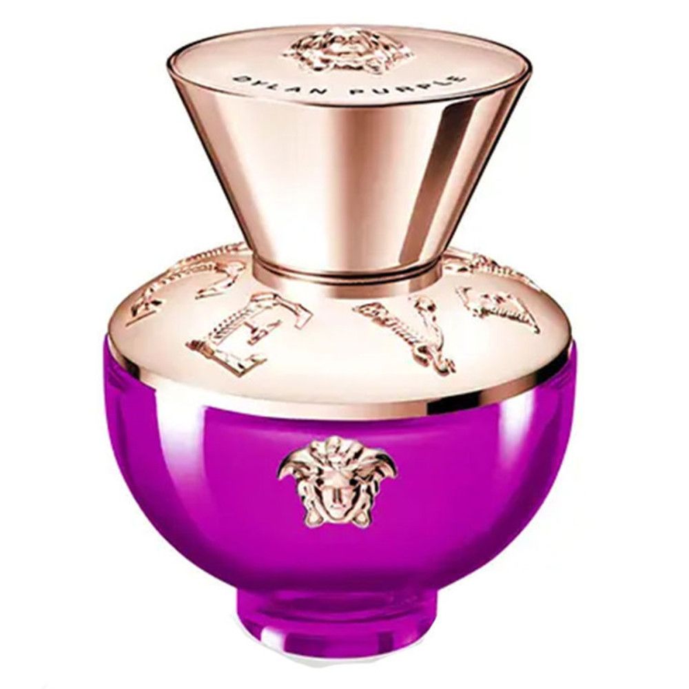 Versace Pour Femme Dylan Purple flacon. Ronde, paarse flacon met gouden dop. Medusa-logo op de flacon.