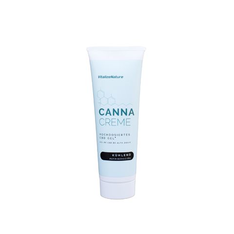 Tube de Canna Creme CBD Gel. Refroidissant. Nom et logo du produit.