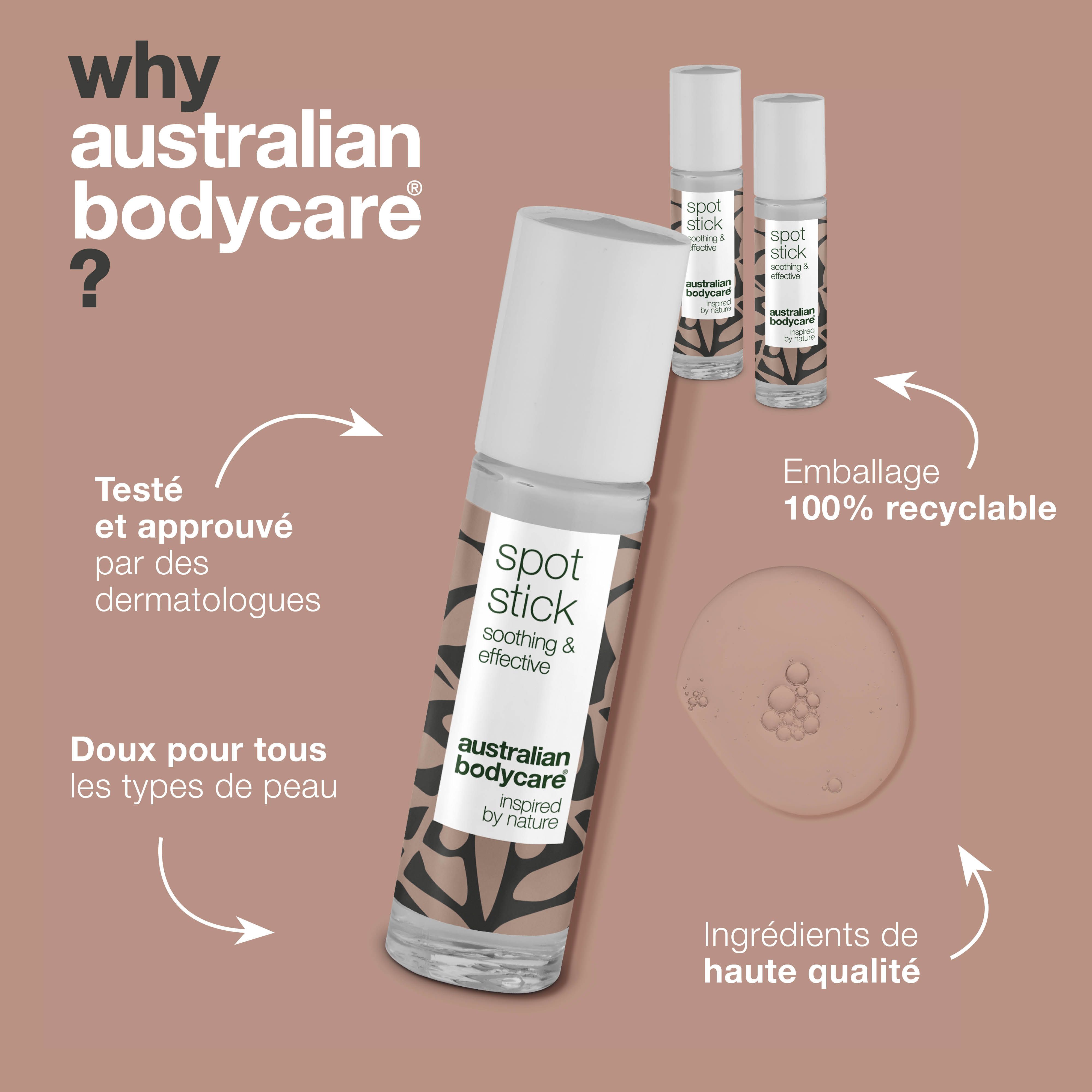 Produit avec flèches. Visible : Spot Stick, apaisant & efficace, Australian Bodycare. 100% recyclable.