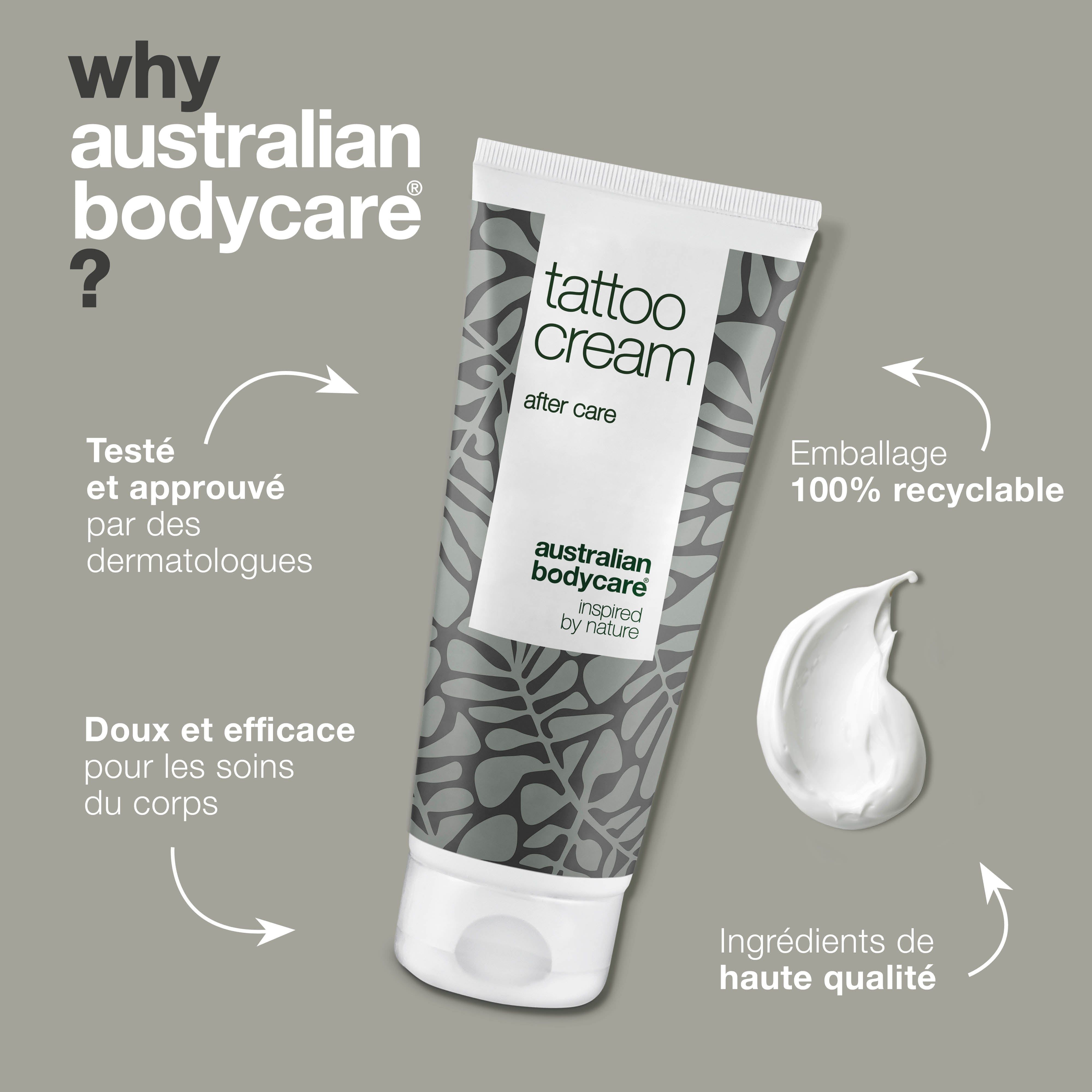 Tube Tattoo Cream, goutte de crème, fond gris. Texte : Testé, Emballage 100% recyclable, Ingrédients de haute qualité.