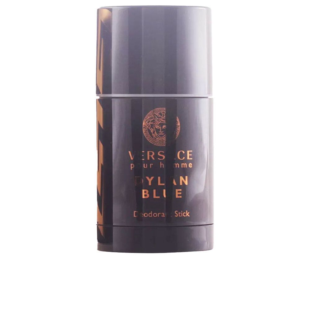 Donkerblauwe deodorantstick met gouden logo en tekst. Opschrift: Versace Dylan Blue Pour Homme Deodorant Stick.