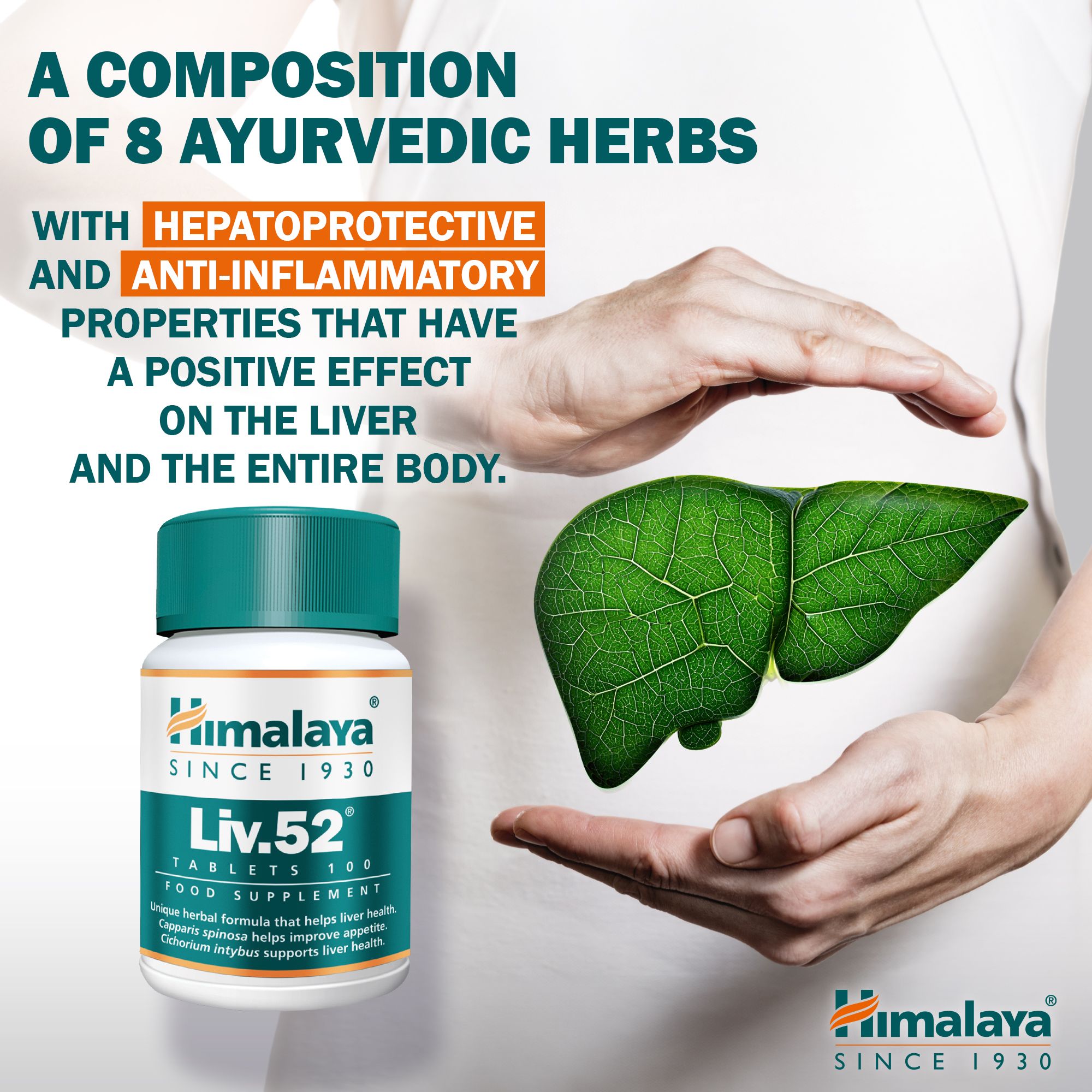 Himalaya Liv.52 tabletten. Groen-witte fles met geel etiket. Tekst: Liv.52, tabletten, 100. Handen houden leverillustratie.