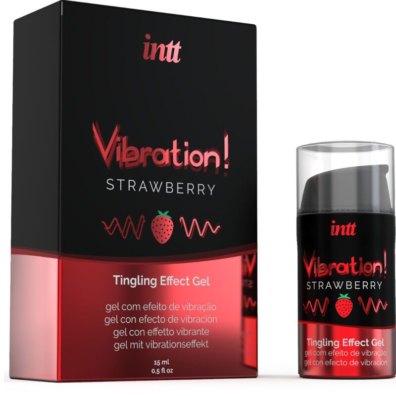 Verpakking en fles. Opschrift: INTT Vibration! Strawberry Tingling Effect Gel. Zwarte verpakking.