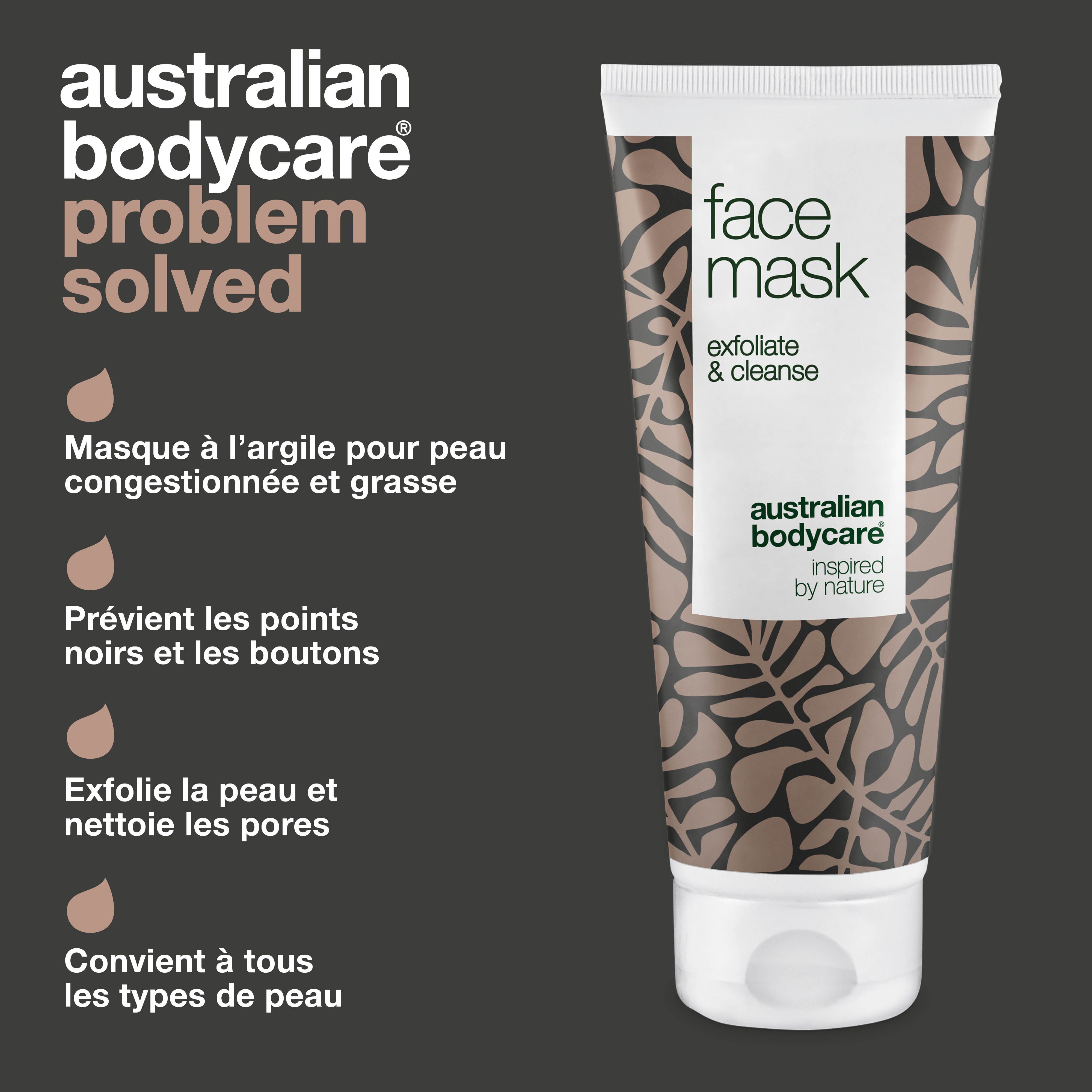 Tube de masque facial, texte: Face Mask, exfoliate & cleanse, Australian Bodycare. Texte: Masque à l'argile.