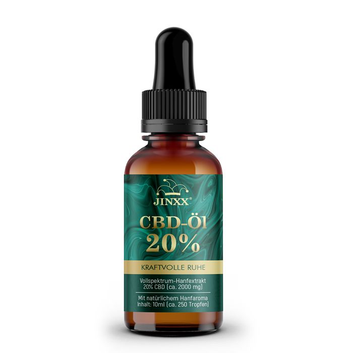 Bruine glazen fles met zwarte druppelaar. Etiket met Jinxx-logo, CBD-Öl 20% en tekst. Groen-goud design.
