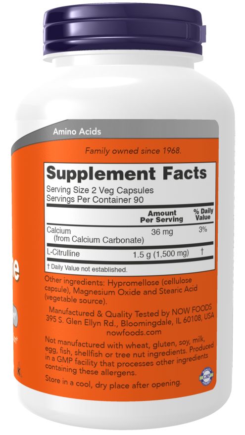 Dos du flacon. Contient les informations nutritionnelles, dont la L-Citrulline. Informations fabricant et certifications visibles.