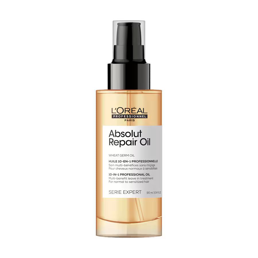 L'Oréal Professionnel Absolut Repair Oil 10-in-1 fles. Zwarte pomp. Gele vloeistof.