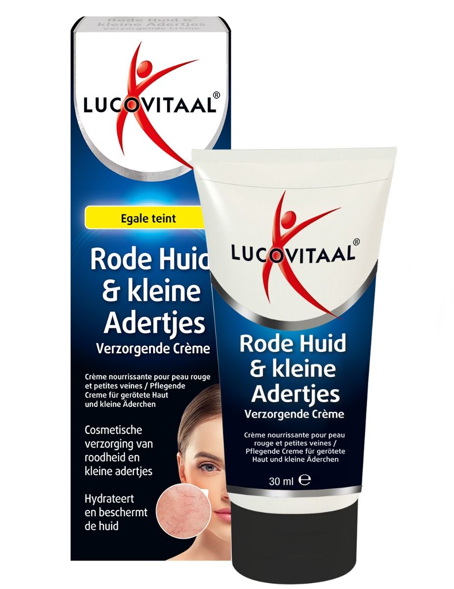 Crèmetube en verpakking. Tekst: Rote Huid & kleine Adertjes. Merk: Lucovitaal. 30 ml.