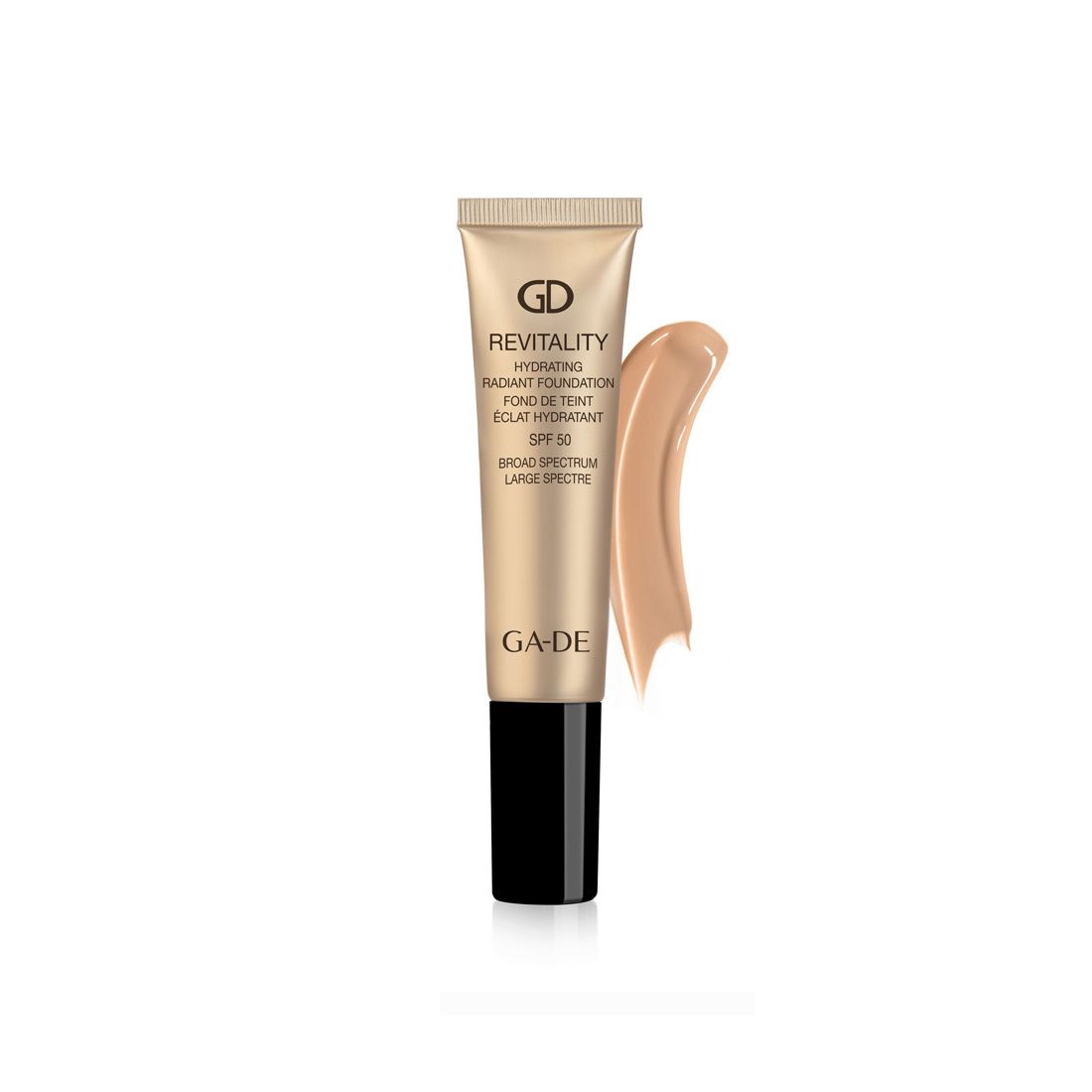 Tube beige avec bouchon noir. Inscription: REVITALITY, HYDRATING RADIANT FOUNDATION, SPF 50, GA-DE. À côté, un échantillon de couleur.