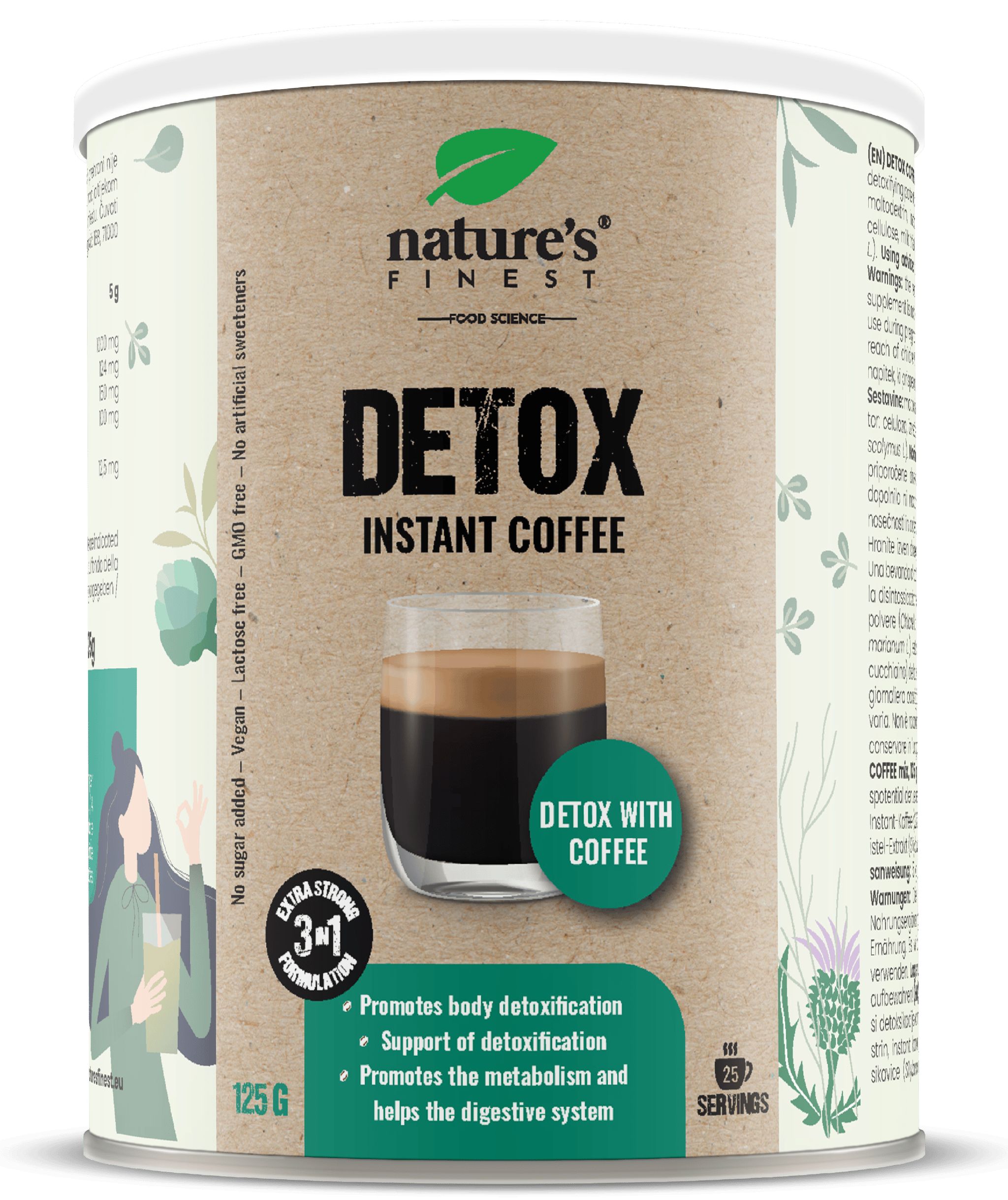 Boîte de café instantané Detox Nature's Finest. Boîte marron avec couvercle vert. Inscription : Detox Instant Coffee. 125g, 25 portions.