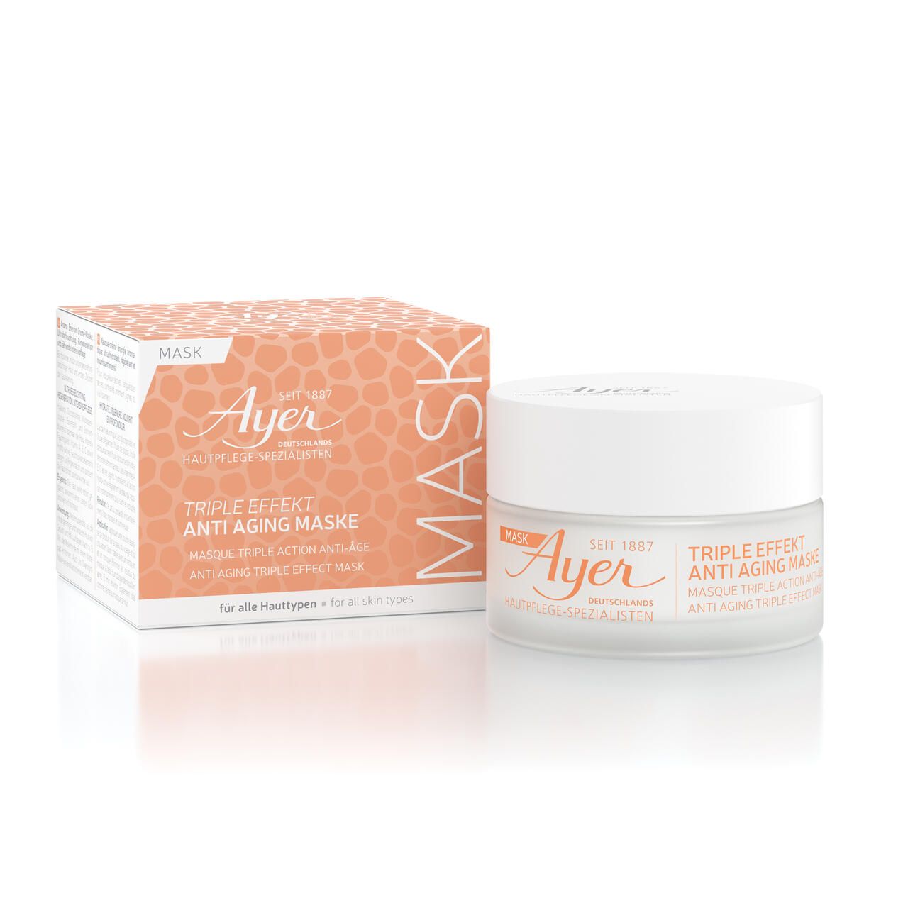 Crèmepot en doos. Opschrift: Ayer, Triple Effect Anti Aging Maske. Voor alle huidtypen.