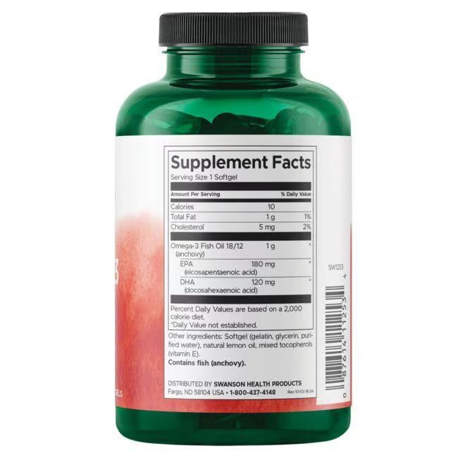 Flacon vert d'huile de poisson oméga-3. Dos avec informations nutritionnelles et ingrédients. Contient du poisson.