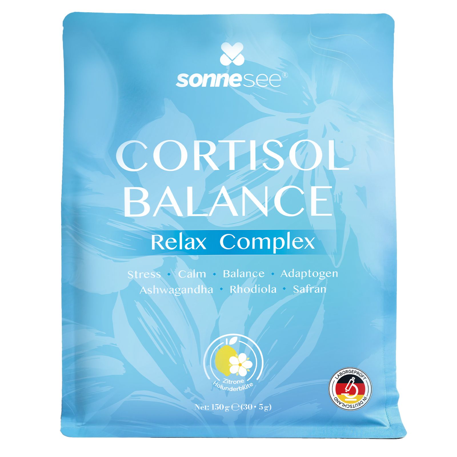Sachet SonneSee Cortisol Balance Relax Complex poudre avec Ashwagandha et Rhodiola.