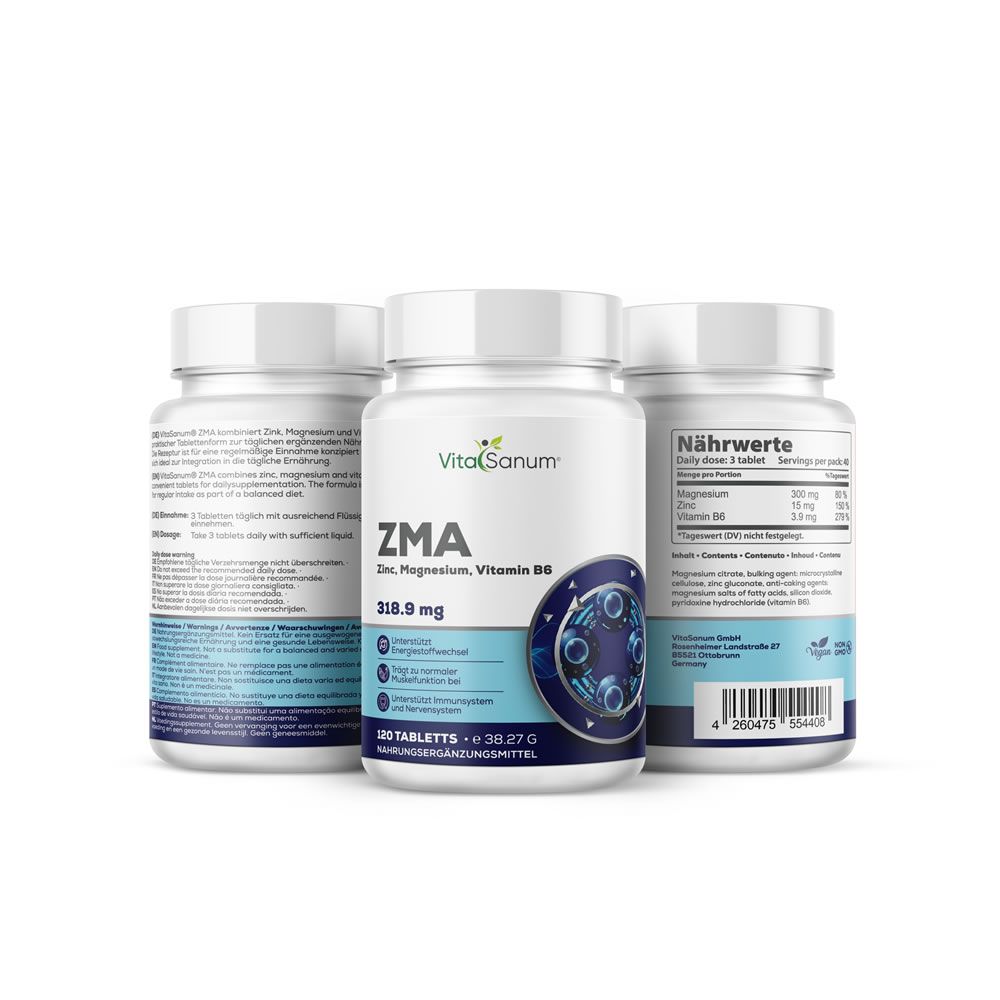 Trois flacons blancs VitaSanum ZMA. Contient zinc, magnésium, vitamine B6. 120 comprimés. Graphique bleu.