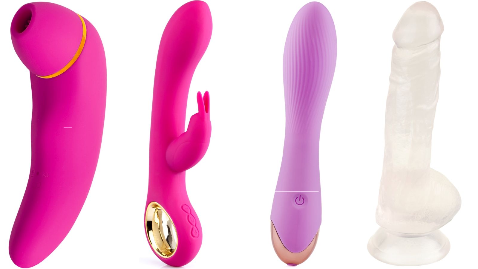 Quatre sextoys : vibrateur rose à succion, vibrateur rose, vibrateur rose oreilles de lapin, vibrateur violet, dildo transparent.