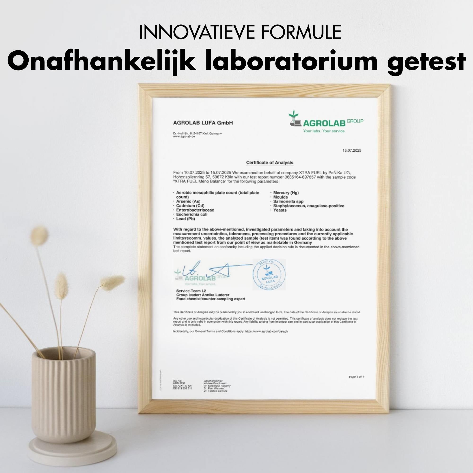 Certificaat in een kader. Tekst: Agrolab LUFA GmbH. Analyse resultaat voor XTRA FUEL Meno Balance.