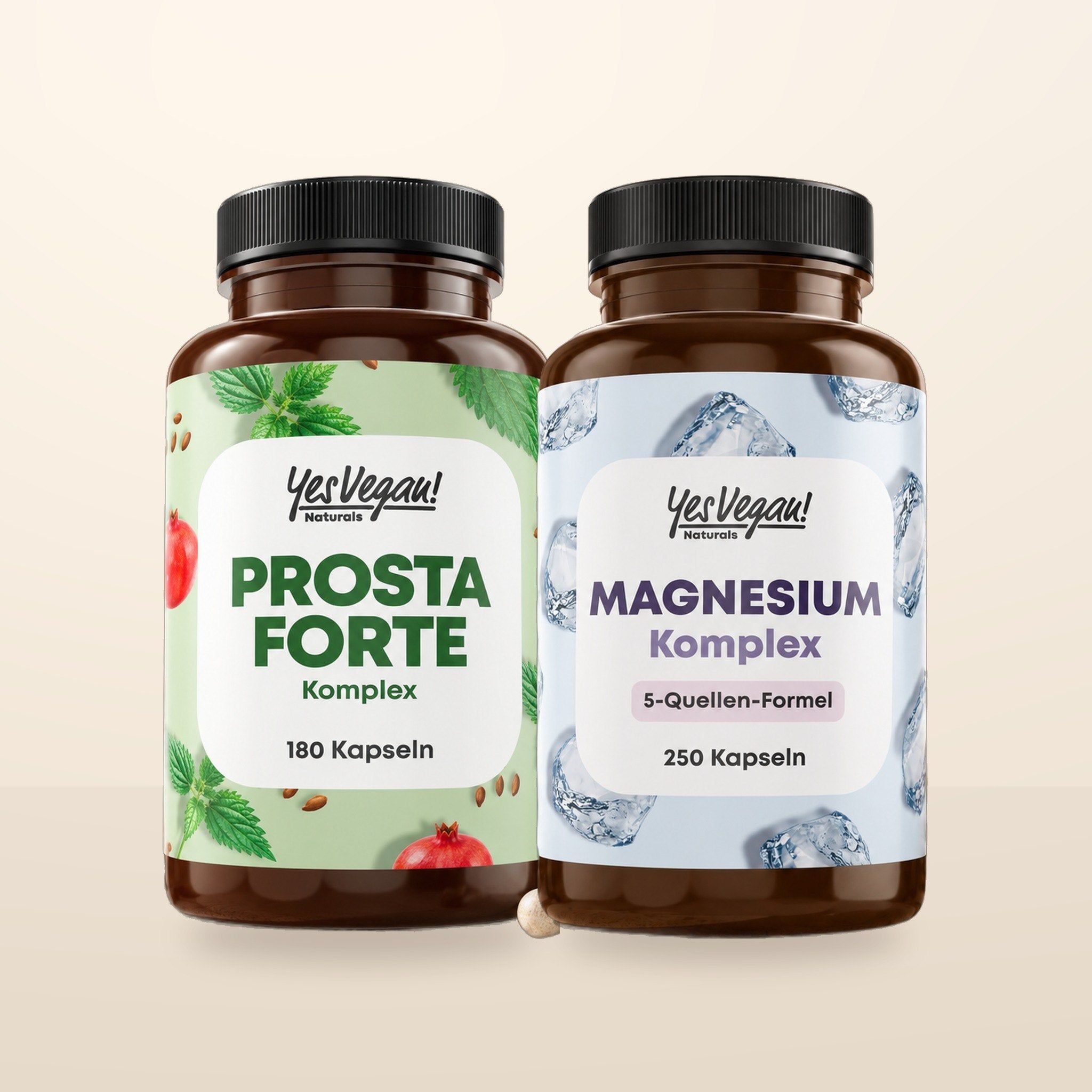Twee bruine capsuleflessen: 'Prosta Forte Komplex' (180 capsules) en 'Magnesium Komplex' (250 capsules).