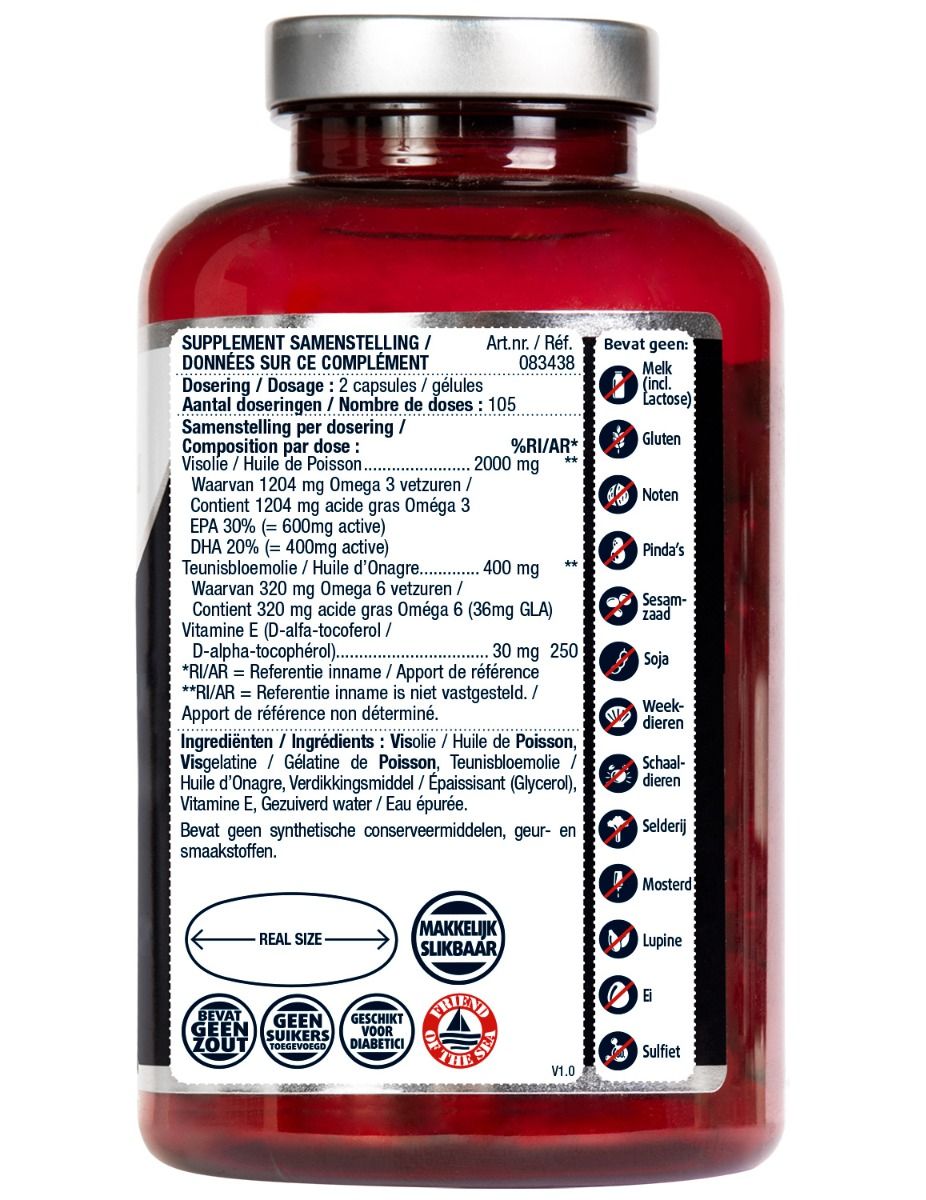 Achterkant van de fles. Bevat informatie over ingrediënten, voedingswaarden en allergenen.