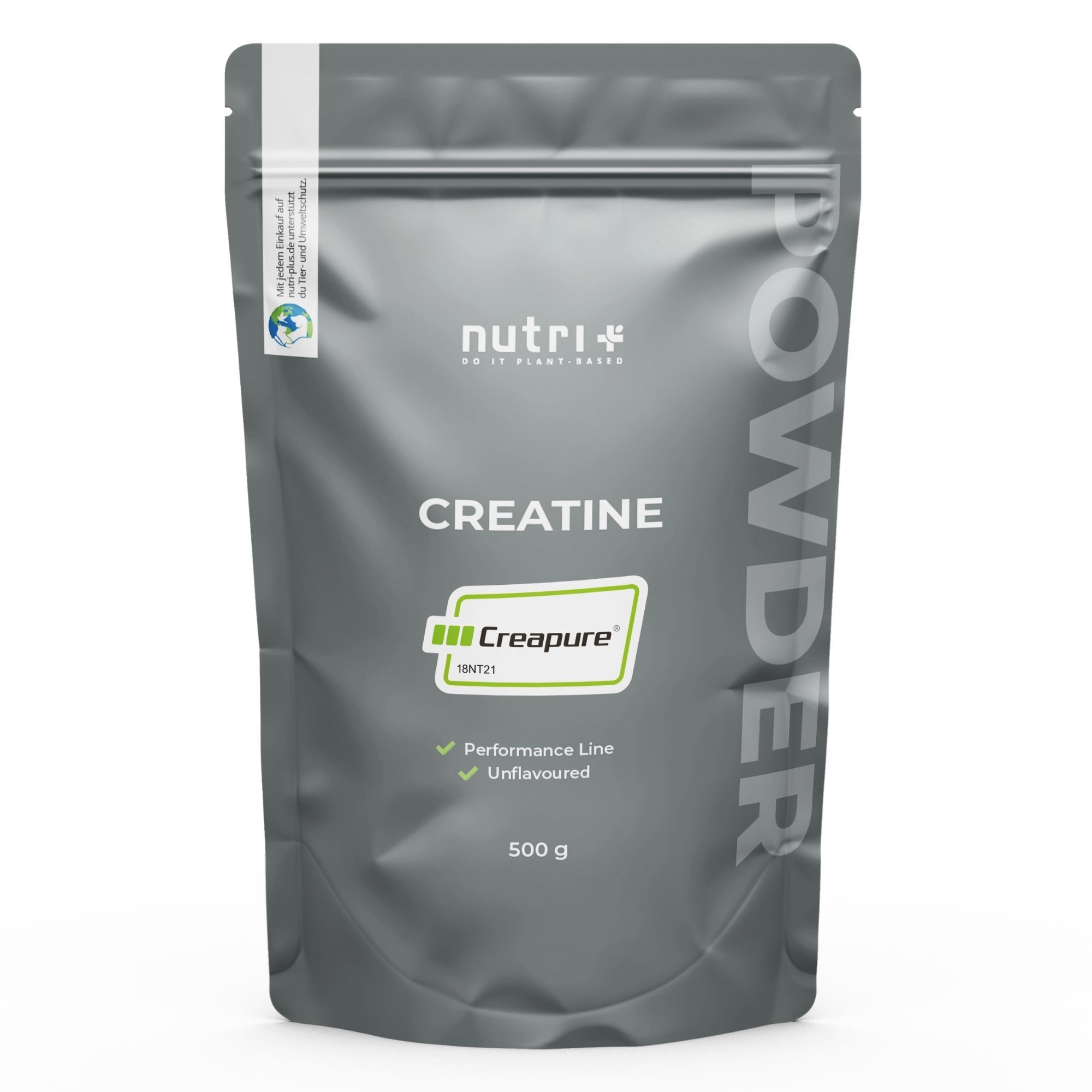 Sachet gris de poudre de créatine. Affiche la marque, le nom du produit, le sceau Creapure® et le poids de 500g.