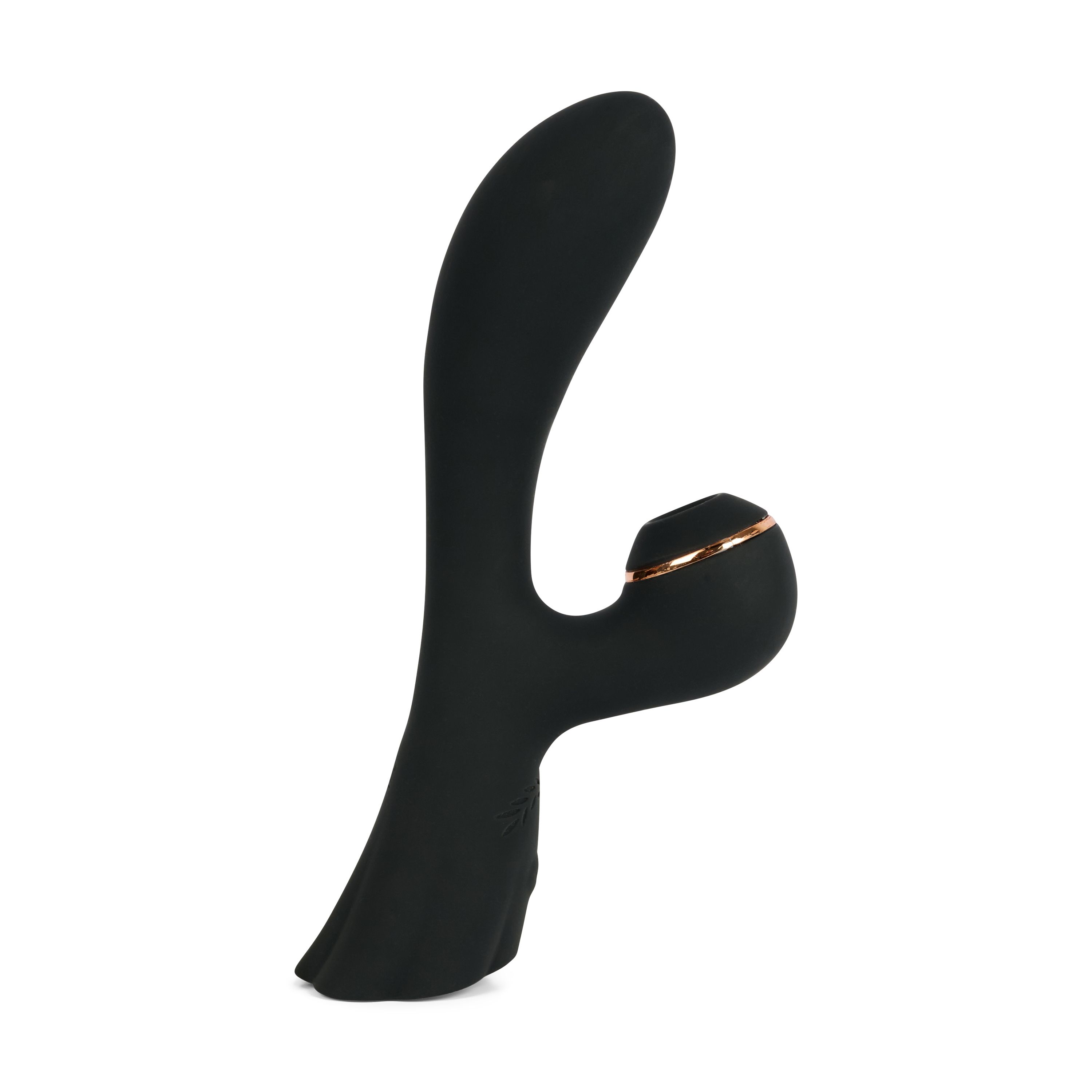 Produit de bien-être noir avec une forme incurvée et un accent doré. Texture de surface visible.