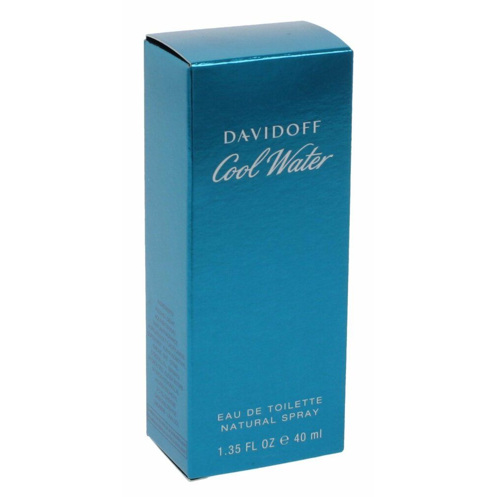 Emballage Davidoff Cool Water Eau de Toilette. Boîte bleue avec logo et texte blancs. Contient des informations sur le produit.