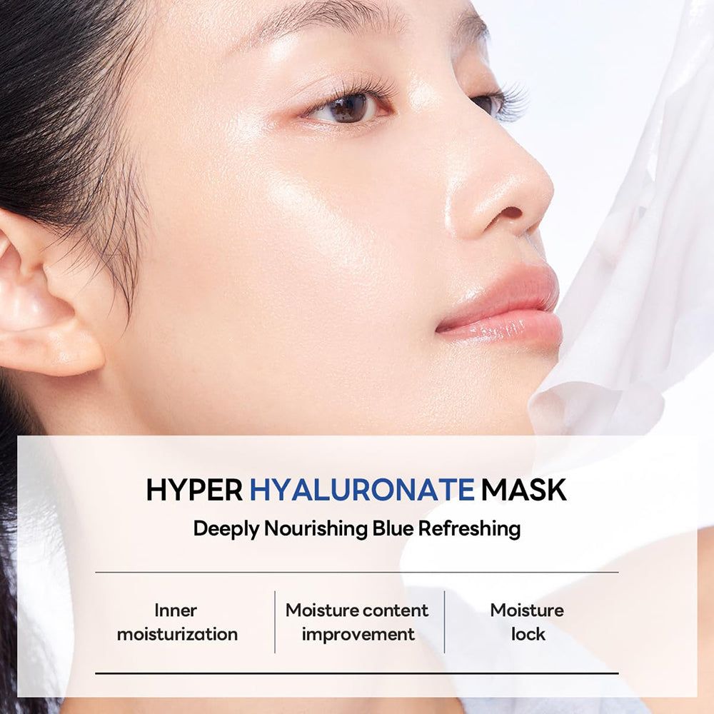 Visage d'une personne avec un masque facial. Texte: HYPER HYALURONATE MASK. Profondément nourrissant, bleu rafraîchissant.
