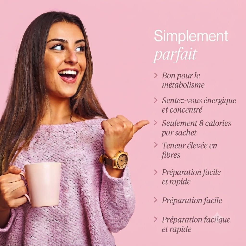 Femme tenant une tasse, pointant vers un texte sur le métabolisme, l'énergie, les calories et les fibres.