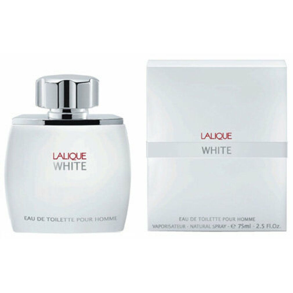 Flacon et boîte blancs. Inscription: Lalique White. Flacon avec bouchon argenté. Boîte à côté.