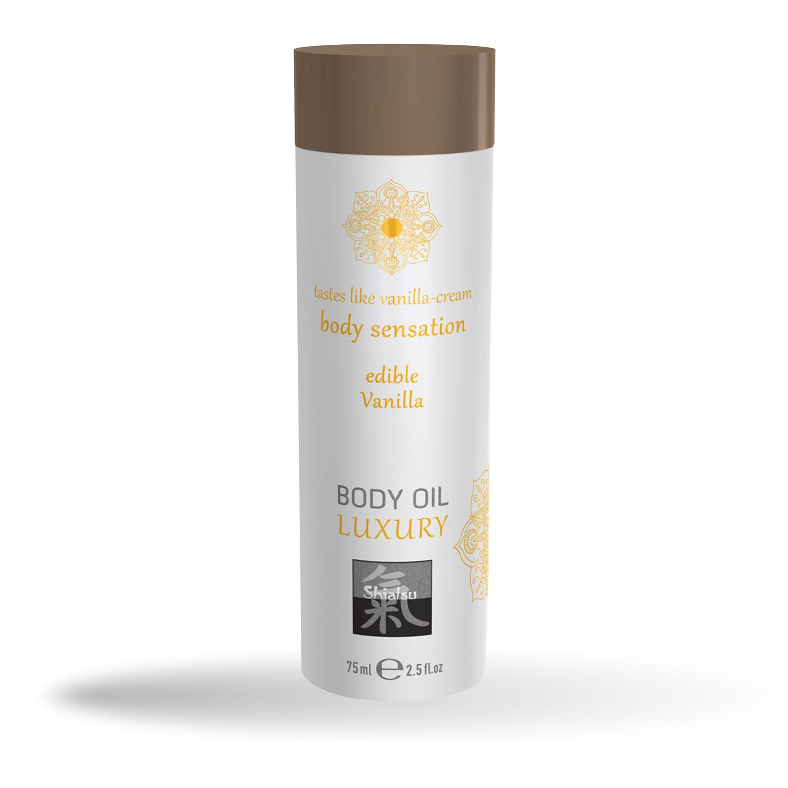 Flacon cylindrique avec bouchon marron. Inscription : Body Oil Luxury, Shiatsu, 75 ml, 2.5 fl oz. Texte : edible Vanilla, body sensation.