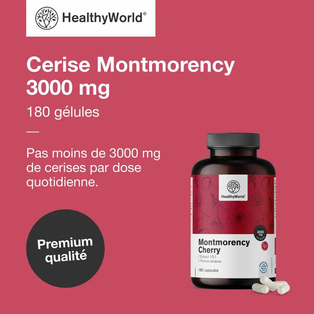 Flacon avec inscription: Cerise Montmorency 3000 mg, 180 gélules. Logo: HealthyWorld. Texte: Qualité supérieure.