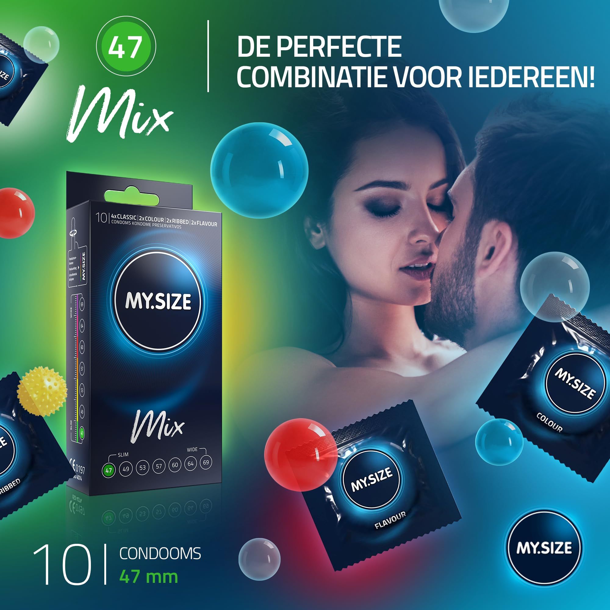 My.Size blauw condoom, 0,07mm dun, van natuurlijke latex, 4 soorten.