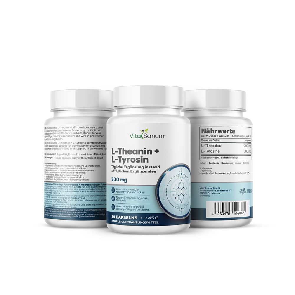Drie flessen VitaSanum L-Theanine + L-Tyrosine capsules. Voorkant met productnaam, info en dosering.