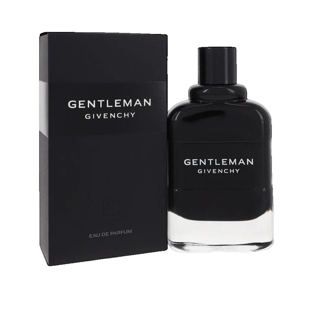 Zwarte fles en verpakking. Opschrift: GENTLEMAN GIVENCHY. Fles met zwarte dop. Verpakking met logo.