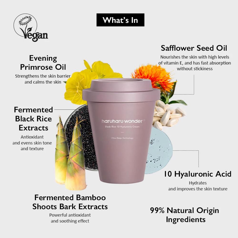 Composition : Riz noir fermenté, bambou, huile d'onagre, huile de carthame, 10 acide hyaluronique. 99% ingrédients naturels.