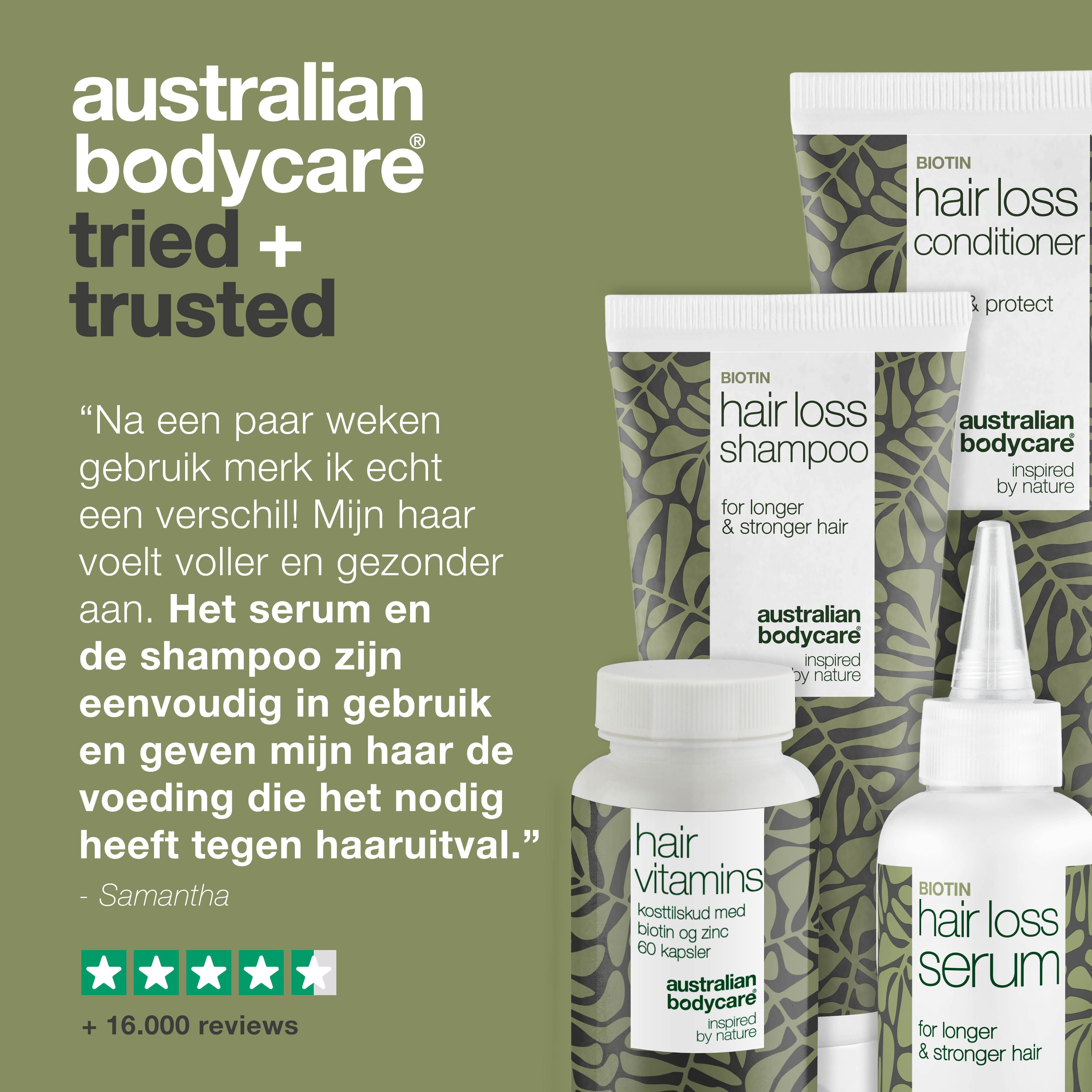 Productset: shampoo, conditioner, serum en tabletten. Tekst: getuigenis, +16.000 beoordelingen.