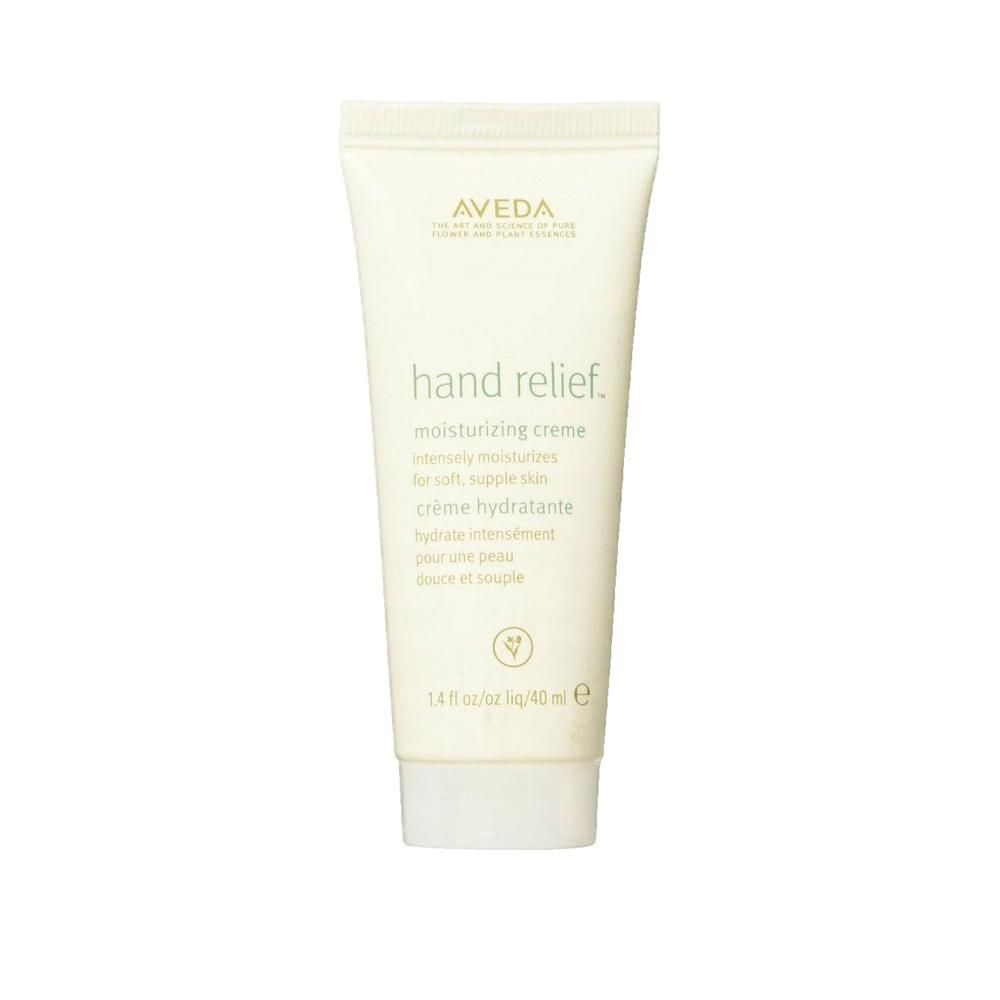 Lichtbeige crèmetube met witte dop. Tekst: Hand Relief, Aveda. Inhoud: 40 ml.